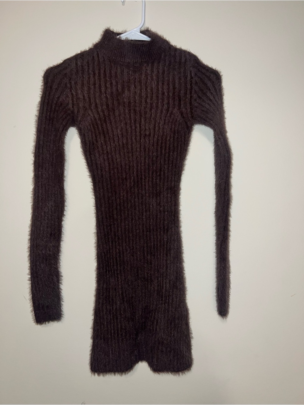 Carli Bybel X Missguided Brown Fuzzy Ribbed Long Sleeve Mock Neck Dress